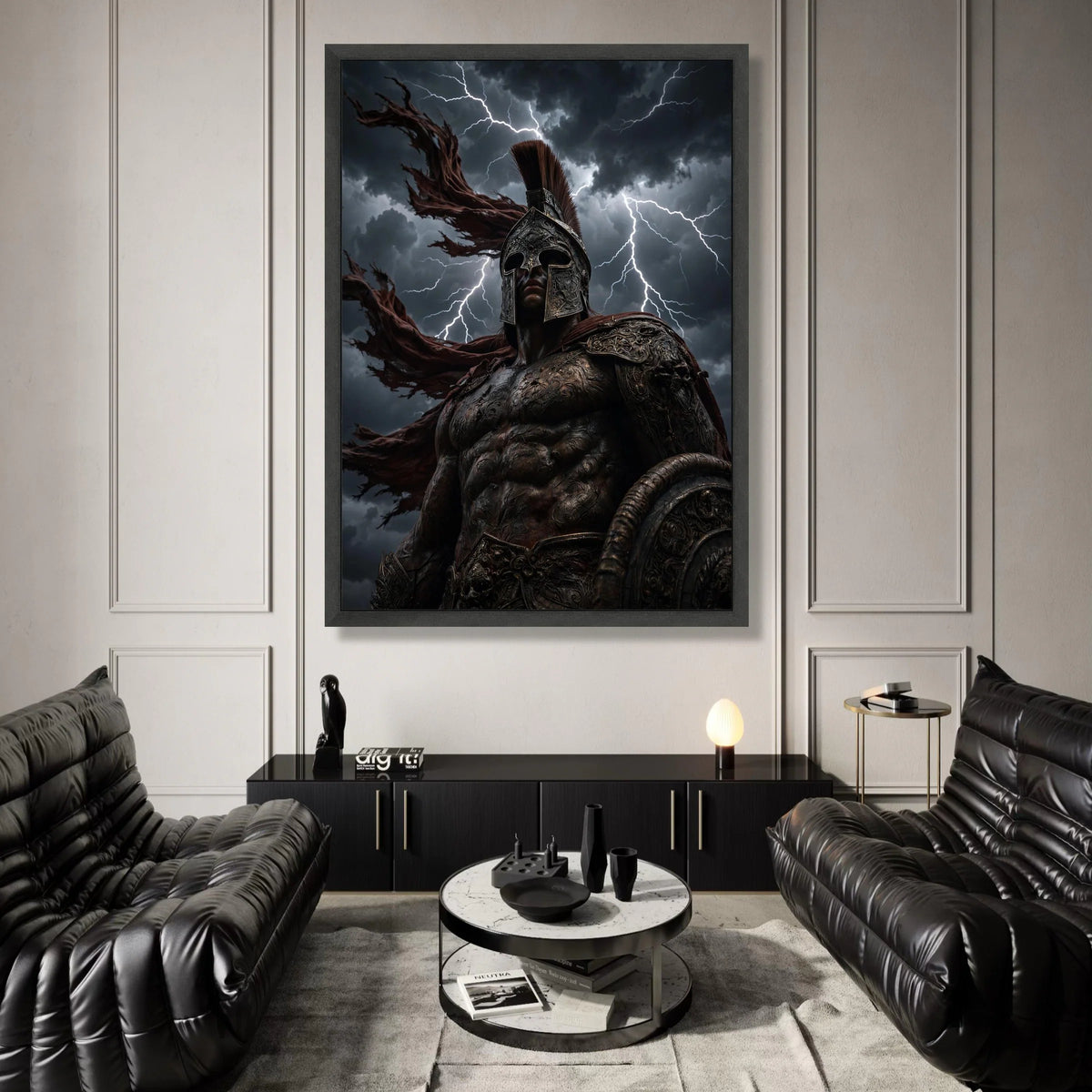 Fierce Spartan Warrior Canvas Wall Art, Mythical Battle Scene, Stormy Sky Lightning, Ancient Armor Decoration, Powerful Canvas Print Art