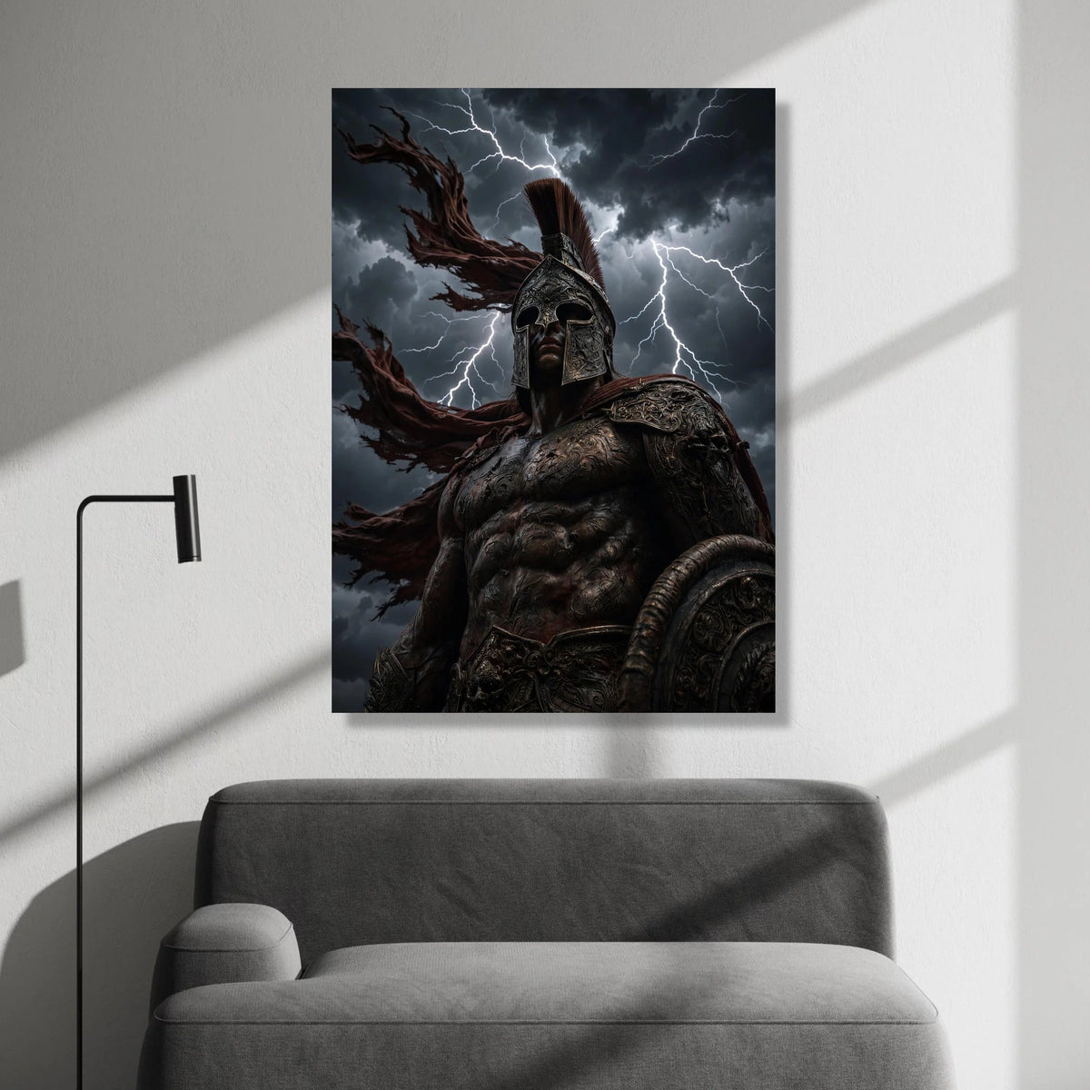 Fierce Spartan Warrior Canvas Wall Art, Mythical Battle Scene, Stormy Sky Lightning, Ancient Armor Decoration, Powerful Canvas Print Art