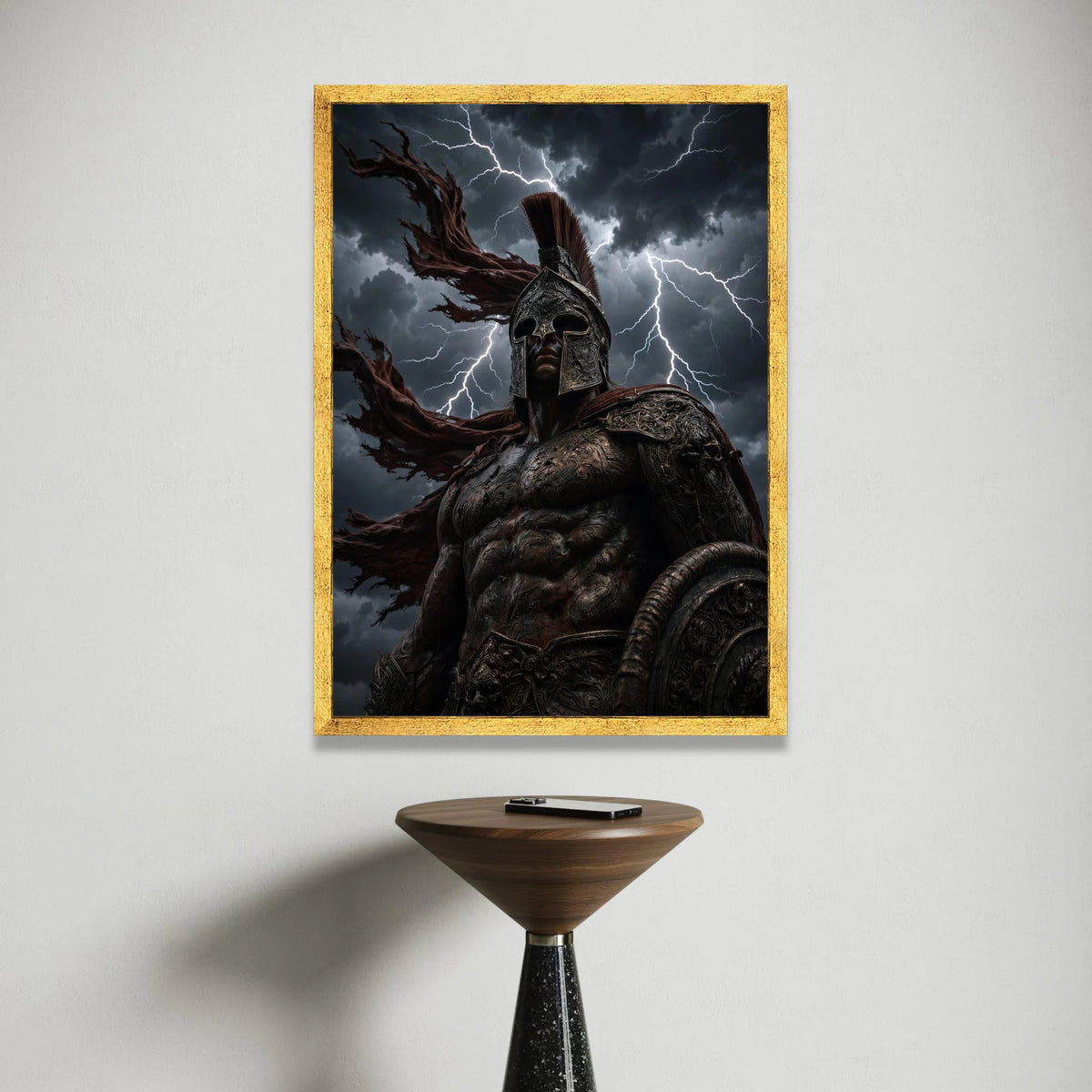 Fierce Spartan Warrior Canvas Wall Art, Mythical Battle Scene, Stormy Sky Lightning, Ancient Armor Decoration, Powerful Canvas Print Art