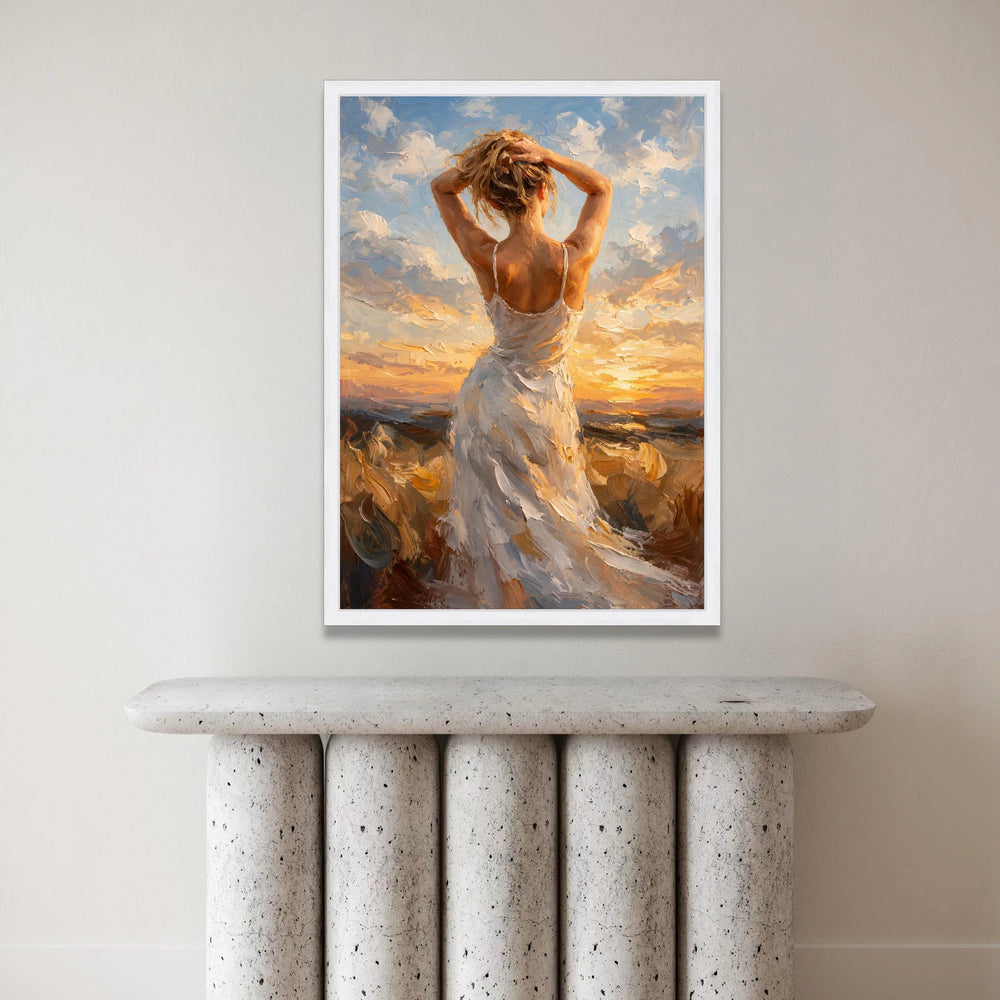 Woman White Dress, Sunset Sky Canvas, Inspirational Female Figure Art, Romantic Evening Scene, Elegant Wall Decoration Canvas Print Art