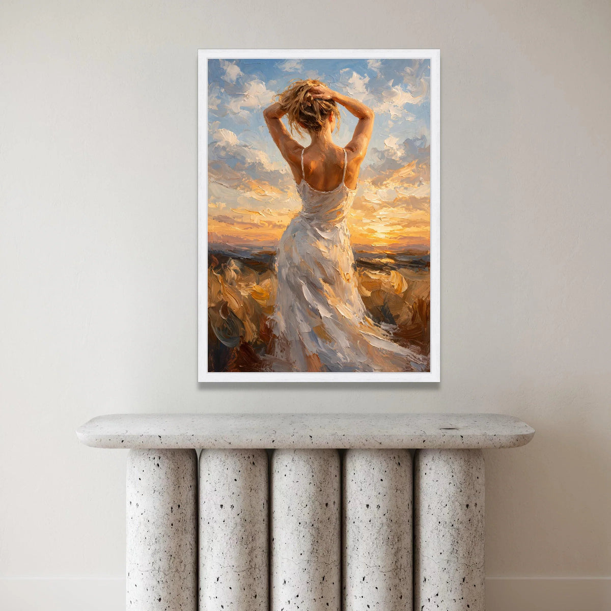 Woman White Dress, Sunset Sky Canvas, Inspirational Female Figure Art, Romantic Evening Scene, Elegant Wall Decoration Canvas Print Art
