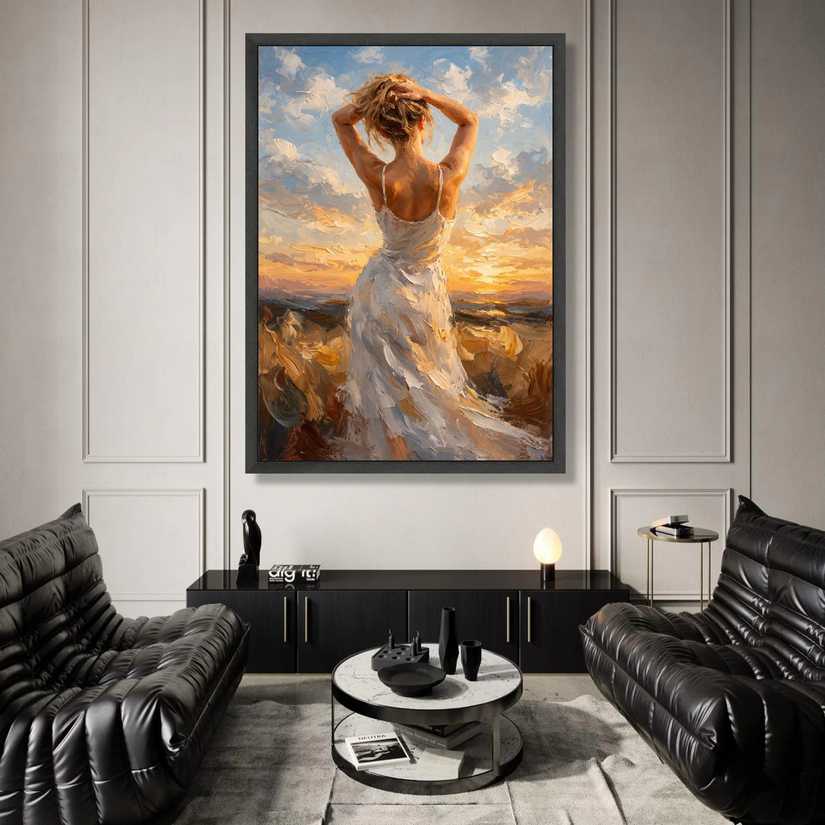 Woman White Dress, Sunset Sky Canvas, Inspirational Female Figure Art, Romantic Evening Scene, Elegant Wall Decoration Canvas Print Art