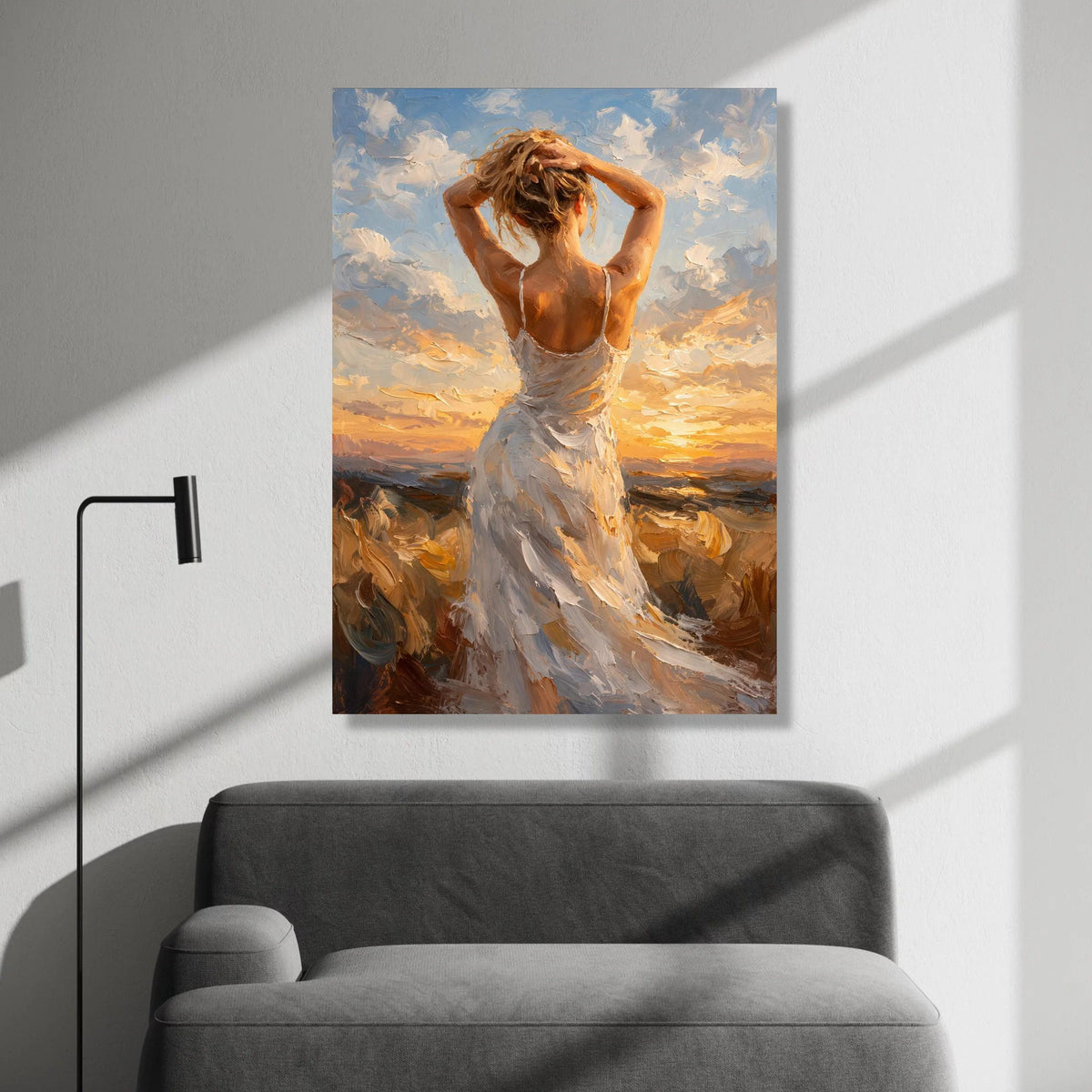 Woman White Dress, Sunset Sky Canvas, Inspirational Female Figure Art, Romantic Evening Scene, Elegant Wall Decoration Canvas Print Art