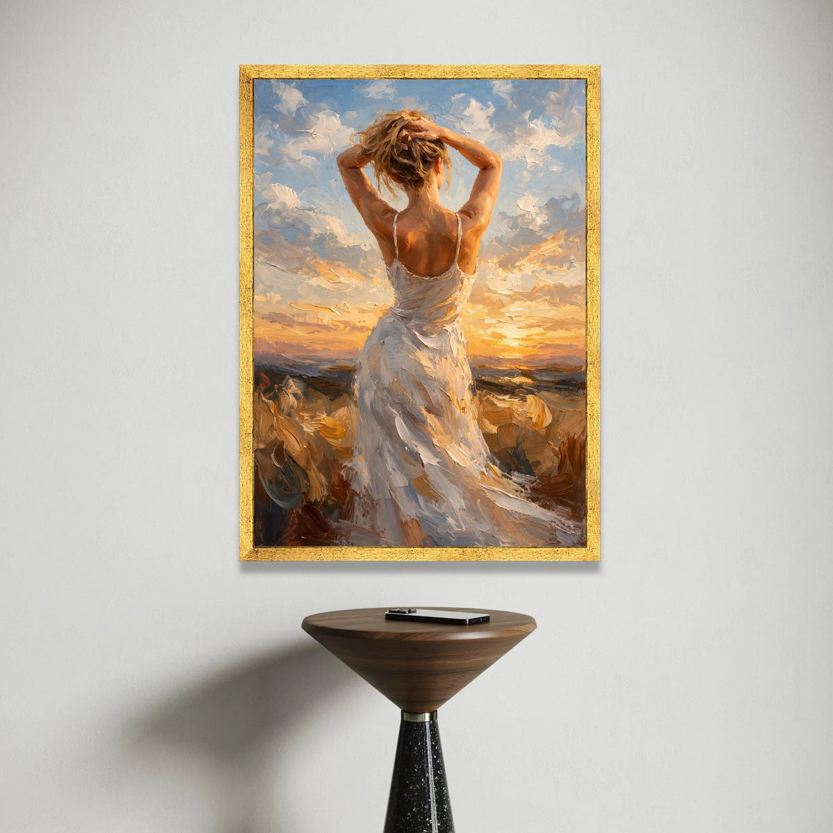 Woman White Dress, Sunset Sky Canvas, Inspirational Female Figure Art, Romantic Evening Scene, Elegant Wall Decoration Canvas Print Art