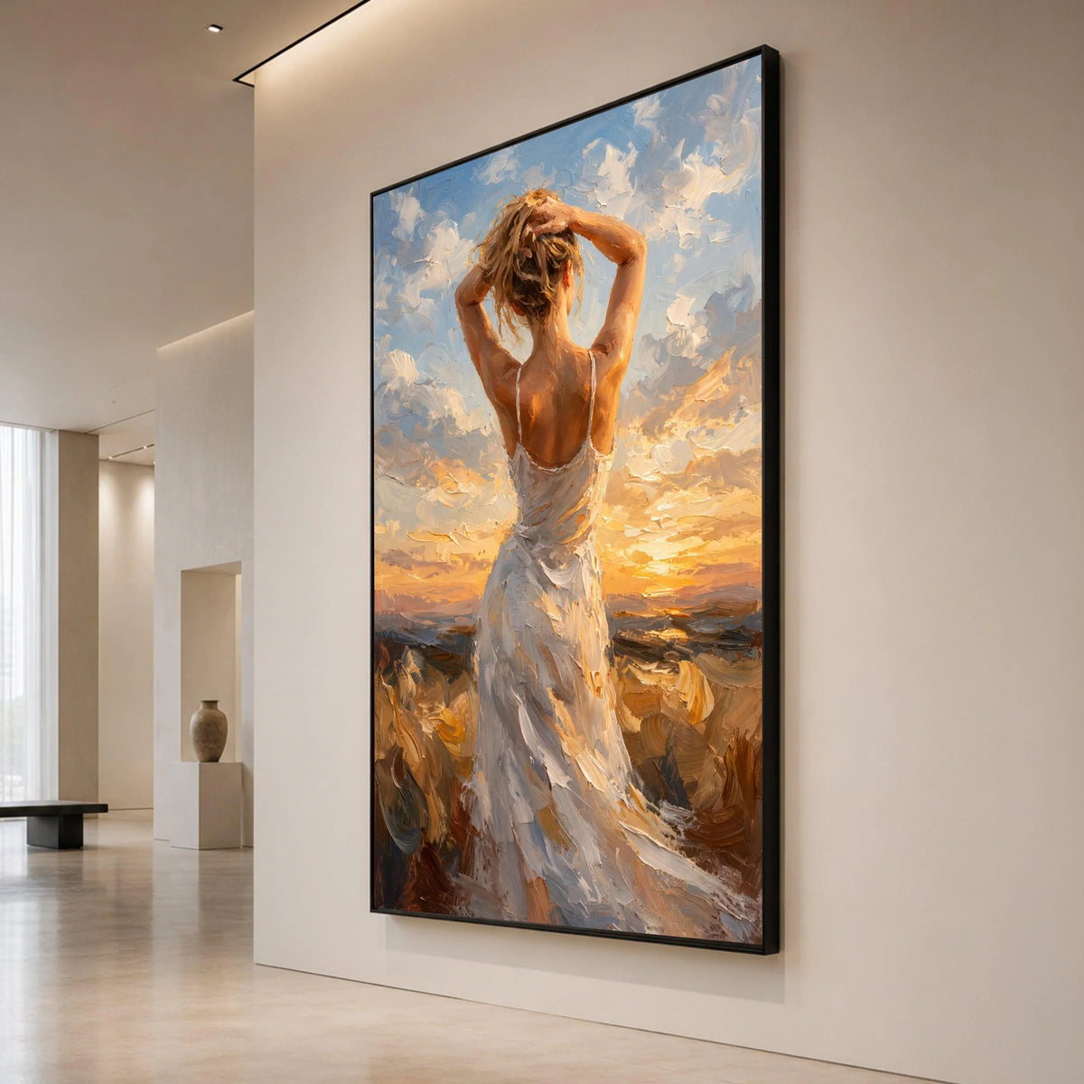 Woman White Dress, Sunset Sky Canvas, Inspirational Female Figure Art, Romantic Evening Scene, Elegant Wall Decoration Canvas Print Art