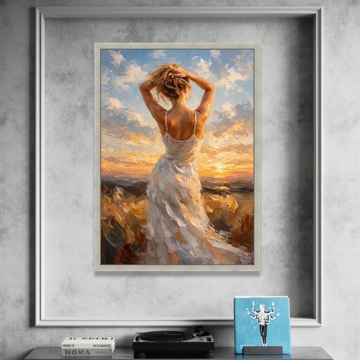 Woman White Dress, Sunset Sky Canvas, Inspirational Female Figure Art, Romantic Evening Scene, Elegant Wall Decoration Canvas Print Art