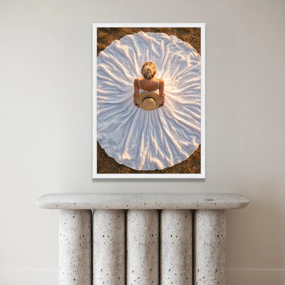 Woman Flowing White Dress with Straw Hat Canvas, Elegant Summer Style Wall Art, Rustic Outdoor Scene, Boho Fashion Canvas Canvas Print Art