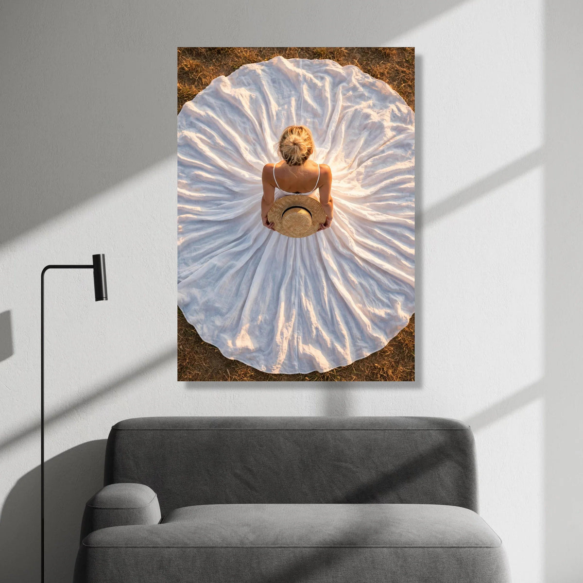 Woman Flowing White Dress with Straw Hat Canvas, Elegant Summer Style Wall Art, Rustic Outdoor Scene, Boho Fashion Canvas Canvas Print Art