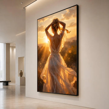 Radiant Sunset Glow Woman Canvas, Back View Portrait Wall Art, Golden Hour Light, Elegant Dress Silhouette, Home Decoration Canvas Print Art