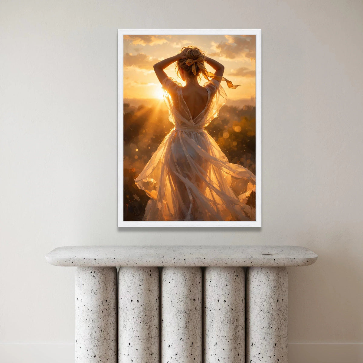 Radiant Sunset Glow Woman Canvas, Back View Portrait Wall Art, Golden Hour Light, Elegant Dress Silhouette, Home Decoration Canvas Print Art