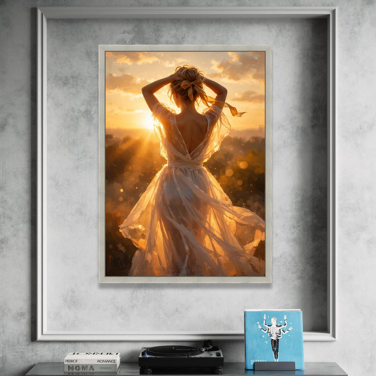 Radiant Sunset Glow Woman Canvas, Back View Portrait Wall Art, Golden Hour Light, Elegant Dress Silhouette, Home Decoration Canvas Print Art