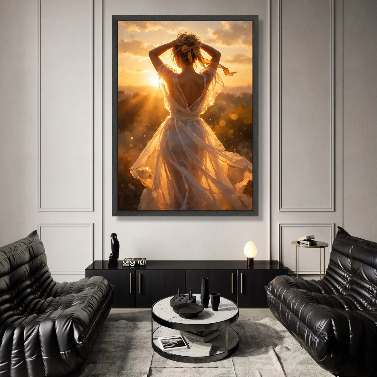 Radiant Sunset Glow Woman Canvas, Back View Portrait Wall Art, Golden Hour Light, Elegant Dress Silhouette, Home Decoration Canvas Print Art