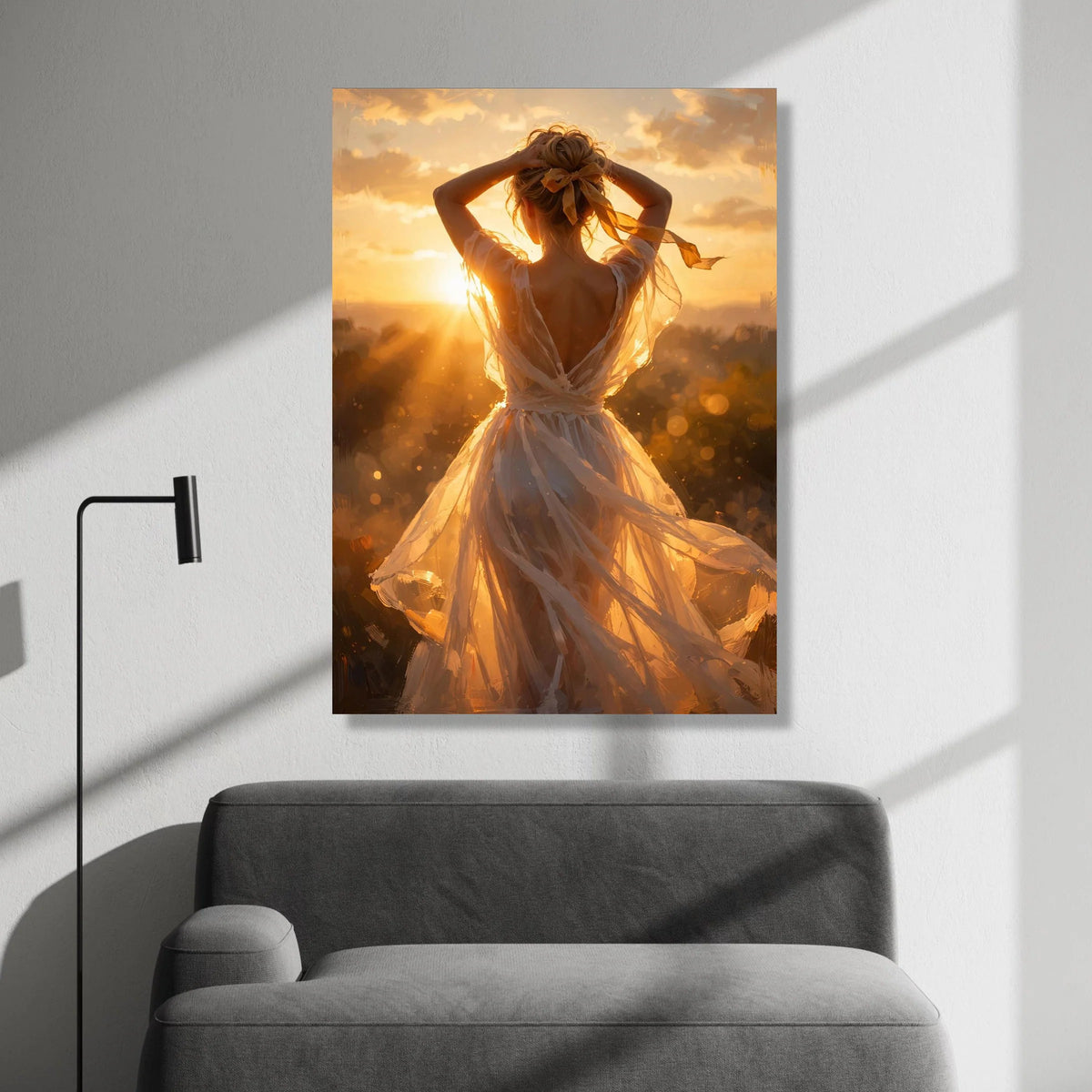 Radiant Sunset Glow Woman Canvas, Back View Portrait Wall Art, Golden Hour Light, Elegant Dress Silhouette, Home Decoration Canvas Print Art