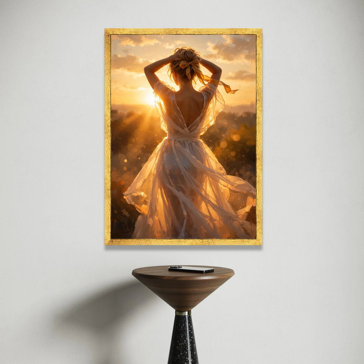 Radiant Sunset Glow Woman Canvas, Back View Portrait Wall Art, Golden Hour Light, Elegant Dress Silhouette, Home Decoration Canvas Print Art