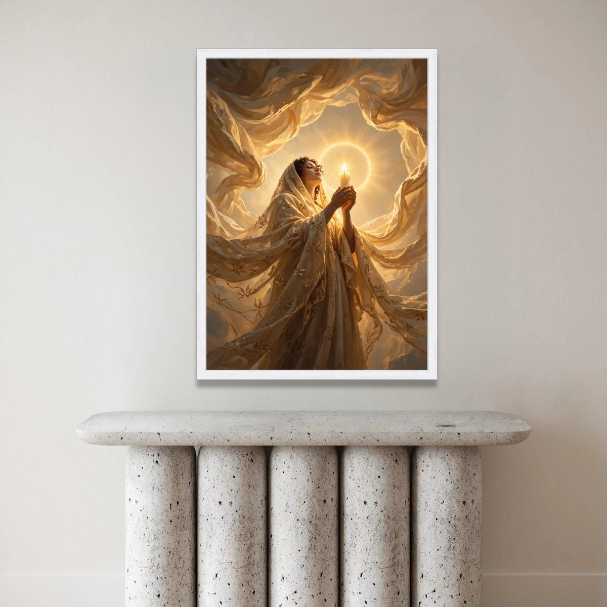 Radiant Woman with Candle, Spiritual Glow Canvas, Warm Light Wall Art, Serene Prayer Scene, Inspirational Home Decor Canvas Canvas Print Art