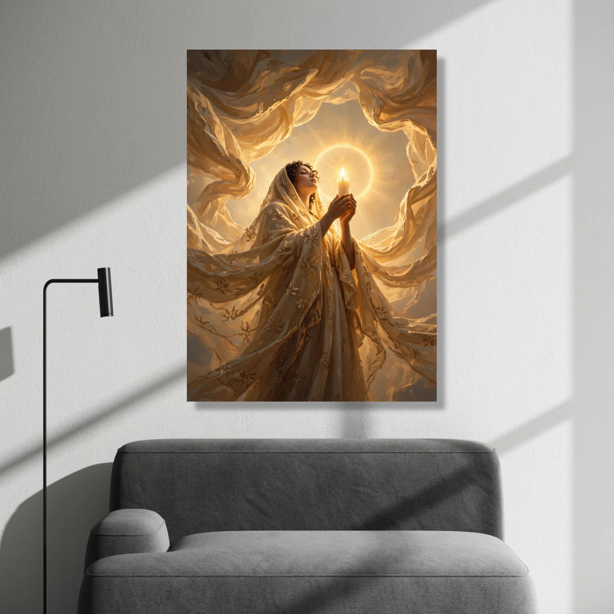 Radiant Woman with Candle, Spiritual Glow Canvas, Warm Light Wall Art, Serene Prayer Scene, Inspirational Home Decor Canvas Canvas Print Art