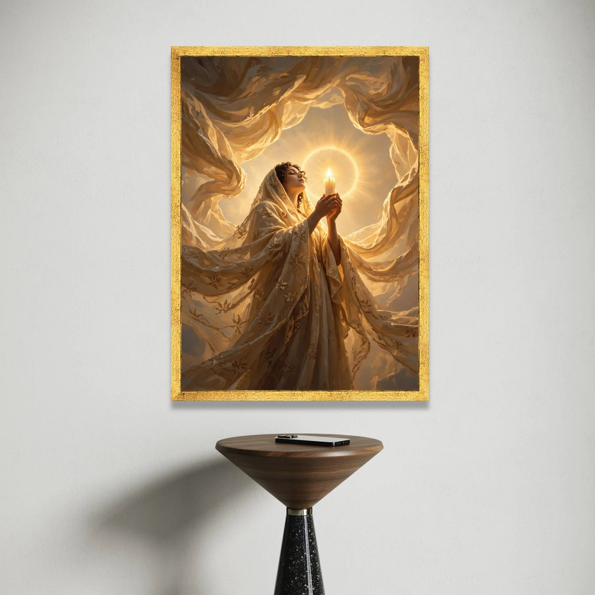 Radiant Woman with Candle, Spiritual Glow Canvas, Warm Light Wall Art, Serene Prayer Scene, Inspirational Home Decor Canvas Canvas Print Art