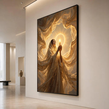 Radiant Woman with Candle, Spiritual Glow Canvas, Warm Light Wall Art, Serene Prayer Scene, Inspirational Home Decor Canvas Canvas Print Art