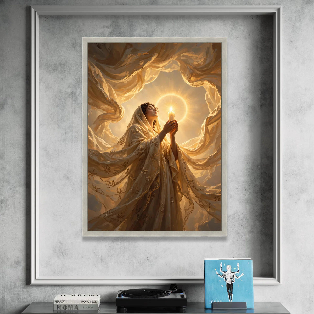 Radiant Woman with Candle, Spiritual Glow Canvas, Warm Light Wall Art, Serene Prayer Scene, Inspirational Home Decor Canvas Canvas Print Art