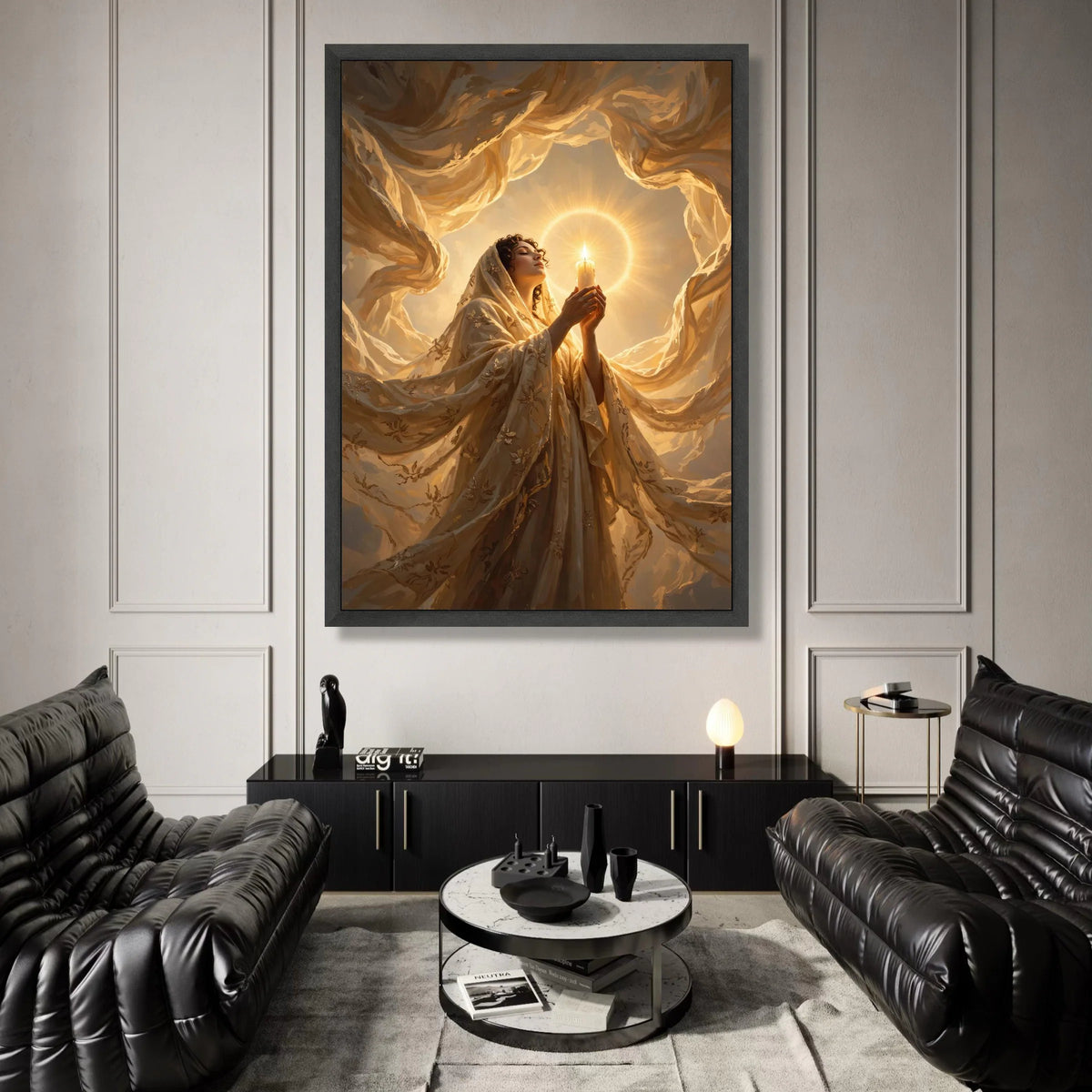 Radiant Woman with Candle, Spiritual Glow Canvas, Warm Light Wall Art, Serene Prayer Scene, Inspirational Home Decor Canvas Canvas Print Art