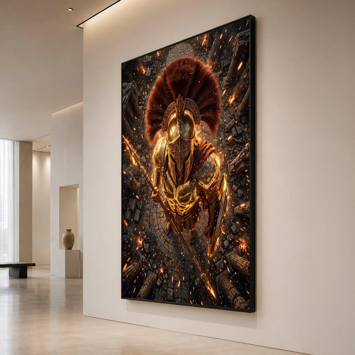 Golden Spartan Warrior Canvas Wall Art, Ancient Gladiator Armor, Fiery Battle Scene, Mythical Hero Wall Decor, Historical Canvas Print Art