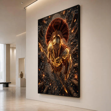 Golden Spartan Warrior Canvas Wall Art, Ancient Gladiator Armor, Fiery Battle Scene, Mythical Hero Wall Decor, Historical Canvas Print Art