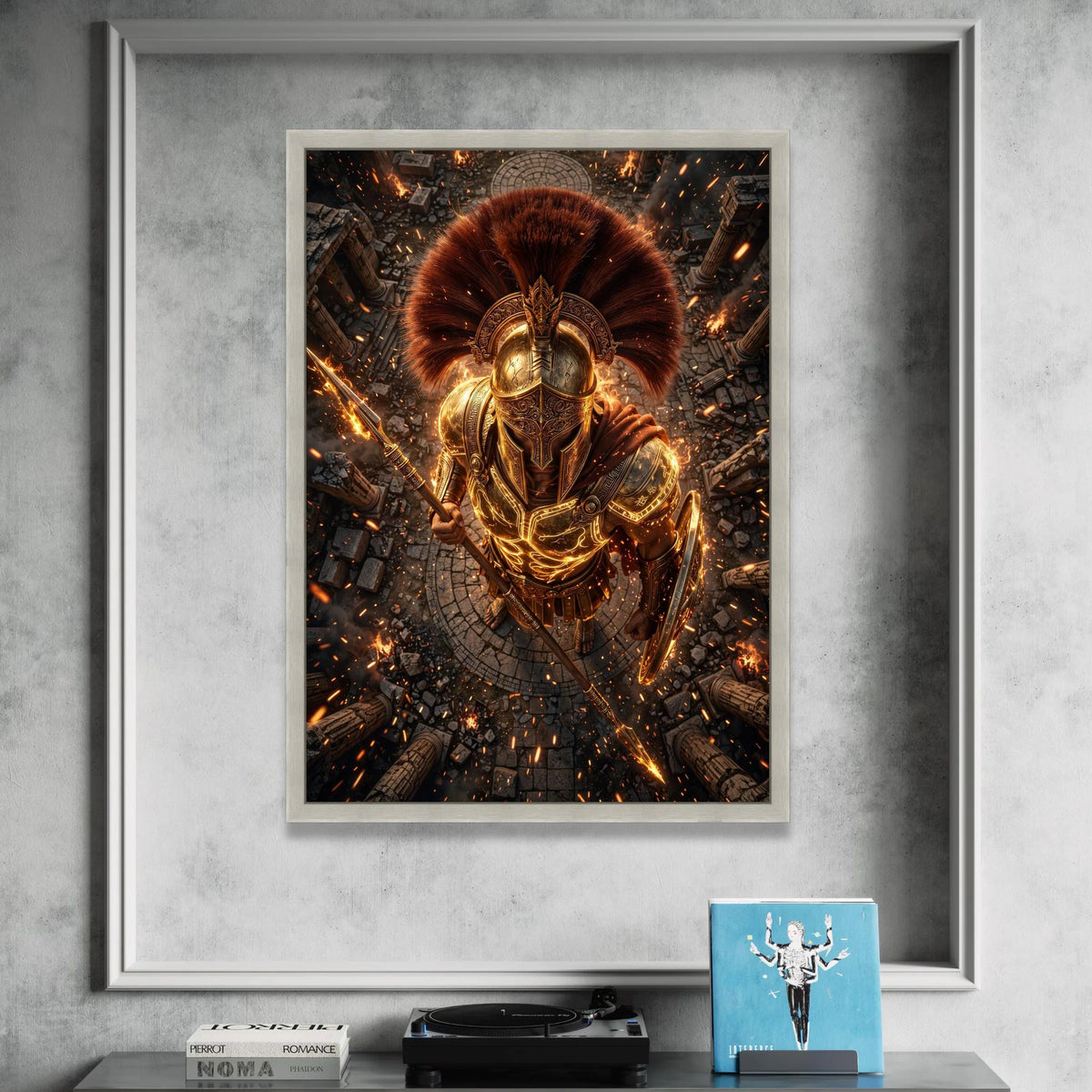 Golden Spartan Warrior Canvas Wall Art, Ancient Gladiator Armor, Fiery Battle Scene, Mythical Hero Wall Decor, Historical Canvas Print Art