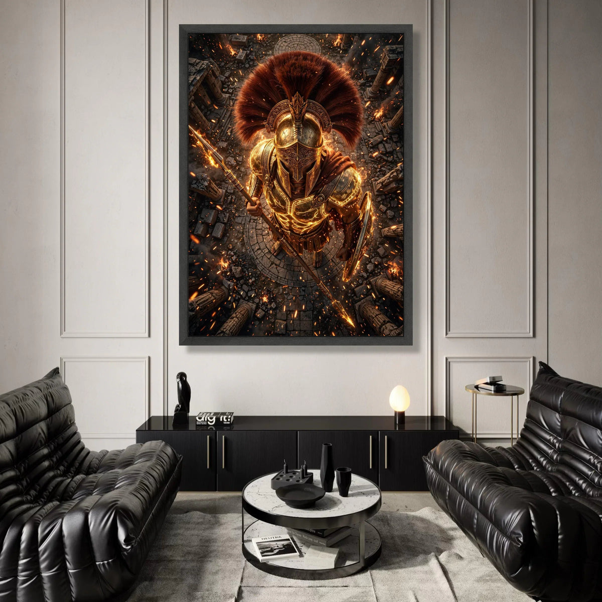 Golden Spartan Warrior Canvas Wall Art, Ancient Gladiator Armor, Fiery Battle Scene, Mythical Hero Wall Decor, Historical Canvas Print Art
