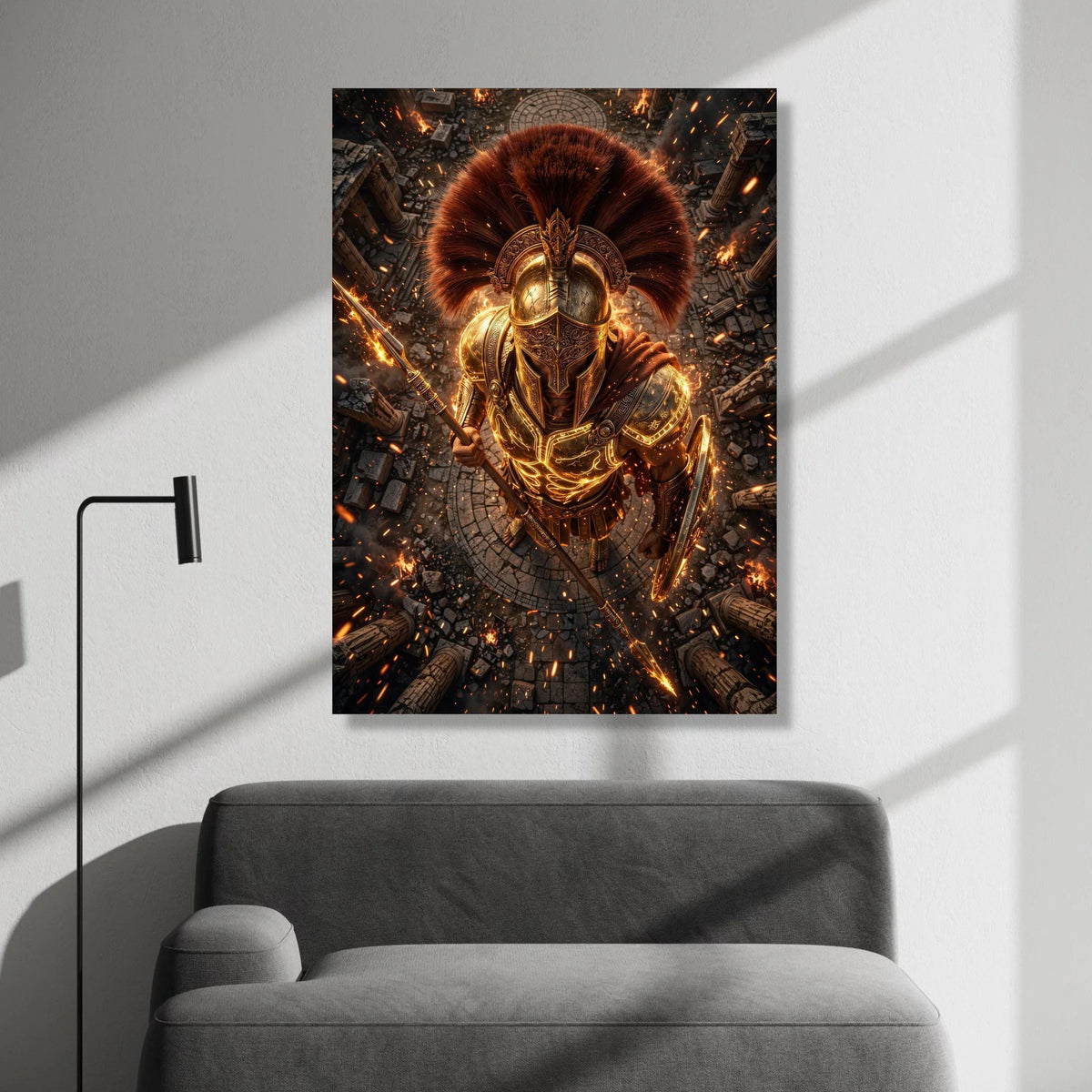 Golden Spartan Warrior Canvas Wall Art, Ancient Gladiator Armor, Fiery Battle Scene, Mythical Hero Wall Decor, Historical Canvas Print Art