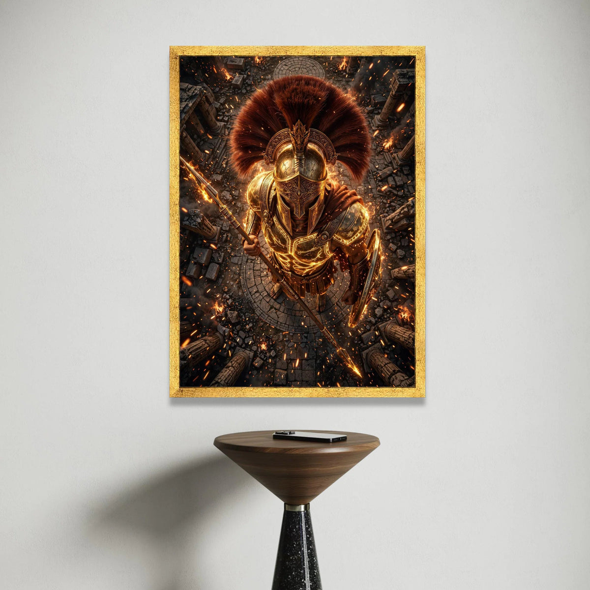 Golden Spartan Warrior Canvas Wall Art, Ancient Gladiator Armor, Fiery Battle Scene, Mythical Hero Wall Decor, Historical Canvas Print Art