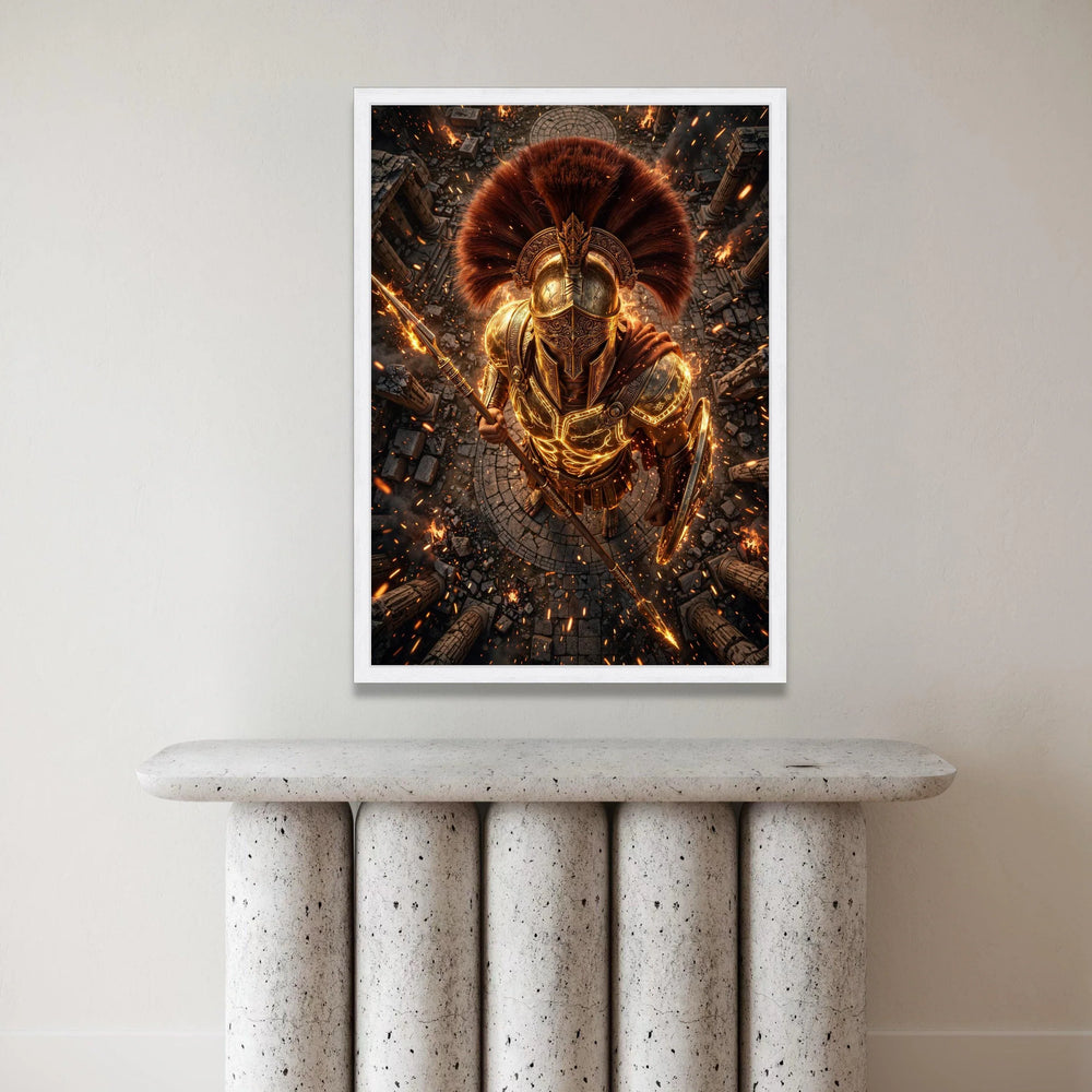 Golden Spartan Warrior Canvas Wall Art, Ancient Gladiator Armor, Fiery Battle Scene, Mythical Hero Wall Decor, Historical Canvas Print Art