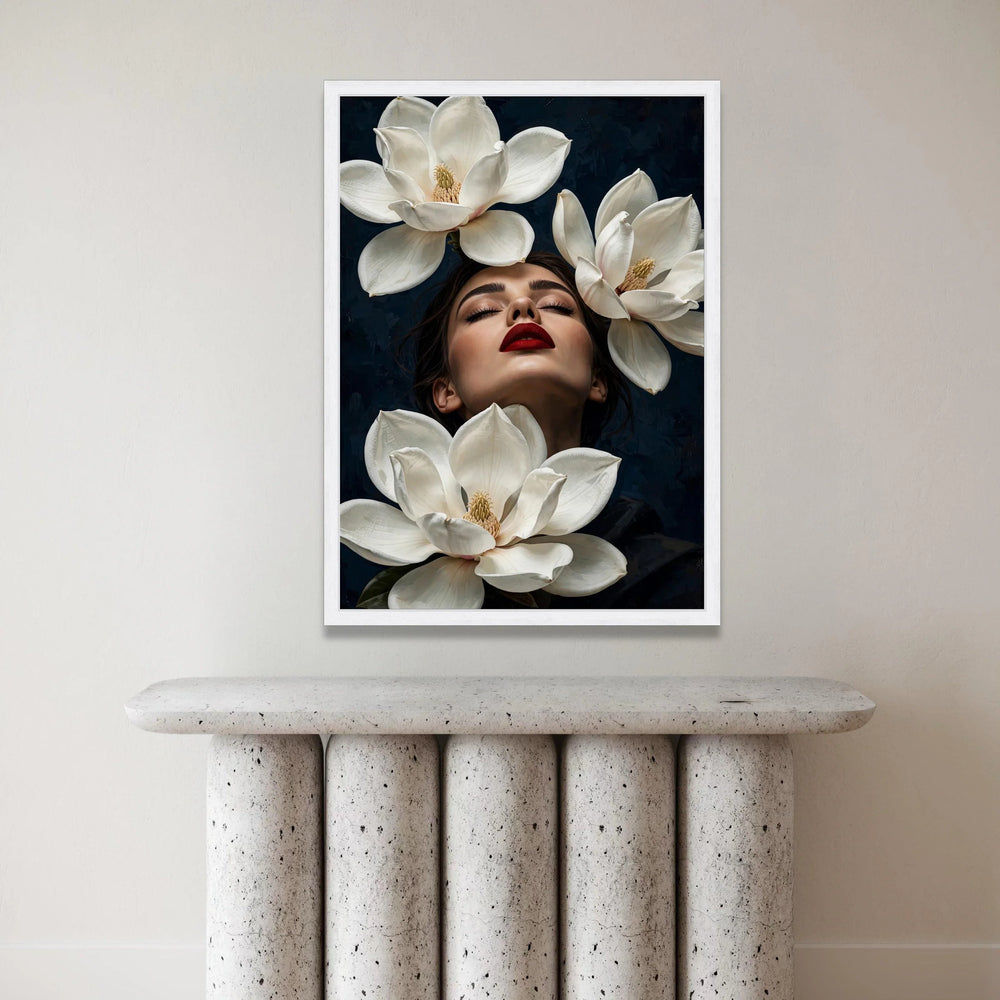 Elegant Woman Portrait with Magnolia Flowers Canvas, Floral Face Art, Modern Botanical Wall Decor, Luxury Home Decoration, Canvas Print Art