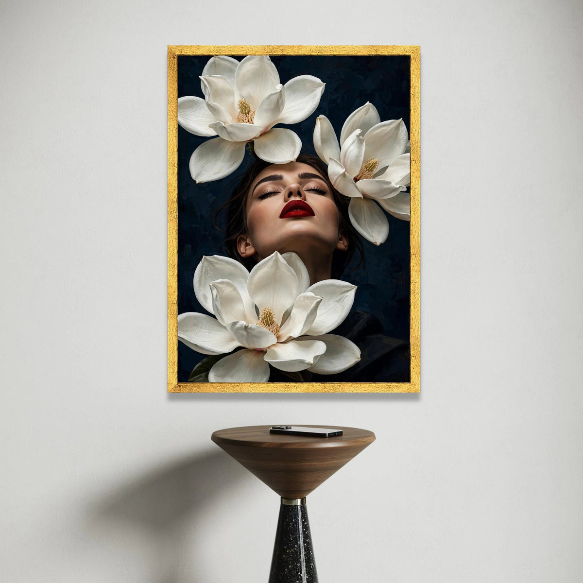 Elegant Woman Portrait with Magnolia Flowers Canvas, Floral Face Art, Modern Botanical Wall Decor, Luxury Home Decoration, Canvas Print Art