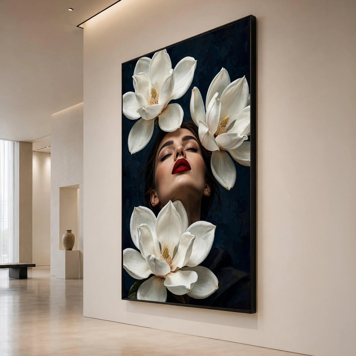 Elegant Woman Portrait with Magnolia Flowers Canvas, Floral Face Art, Modern Botanical Wall Decor, Luxury Home Decoration, Canvas Print Art