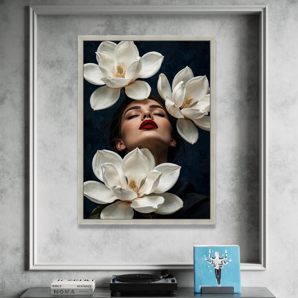 Elegant Woman Portrait with Magnolia Flowers Canvas, Floral Face Art, Modern Botanical Wall Decor, Luxury Home Decoration, Canvas Print Art