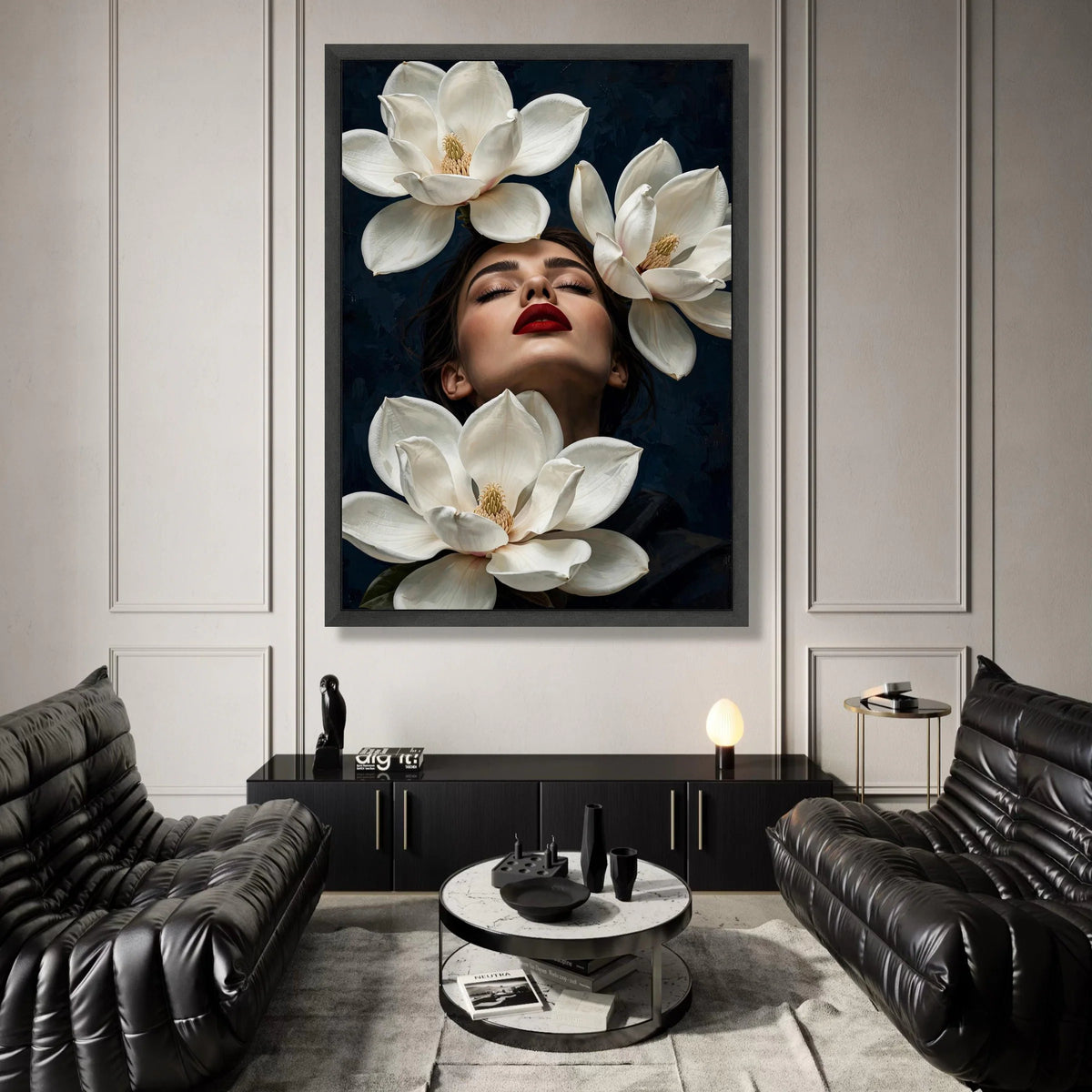 Elegant Woman Portrait with Magnolia Flowers Canvas, Floral Face Art, Modern Botanical Wall Decor, Luxury Home Decoration, Canvas Print Art