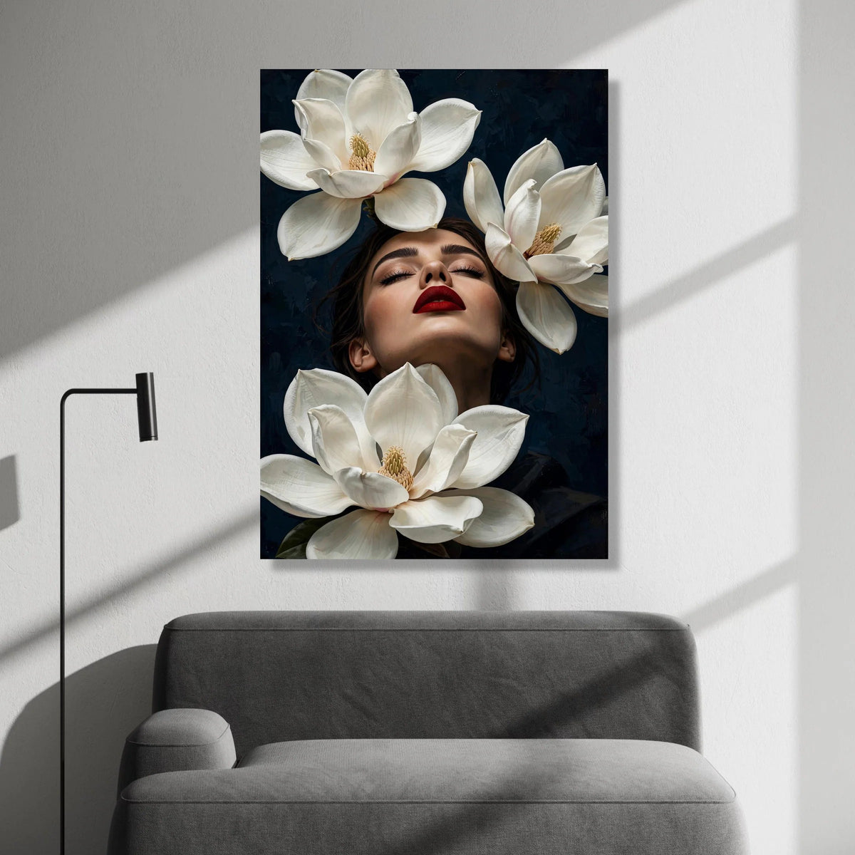 Elegant Woman Portrait with Magnolia Flowers Canvas, Floral Face Art, Modern Botanical Wall Decor, Luxury Home Decoration, Canvas Print Art