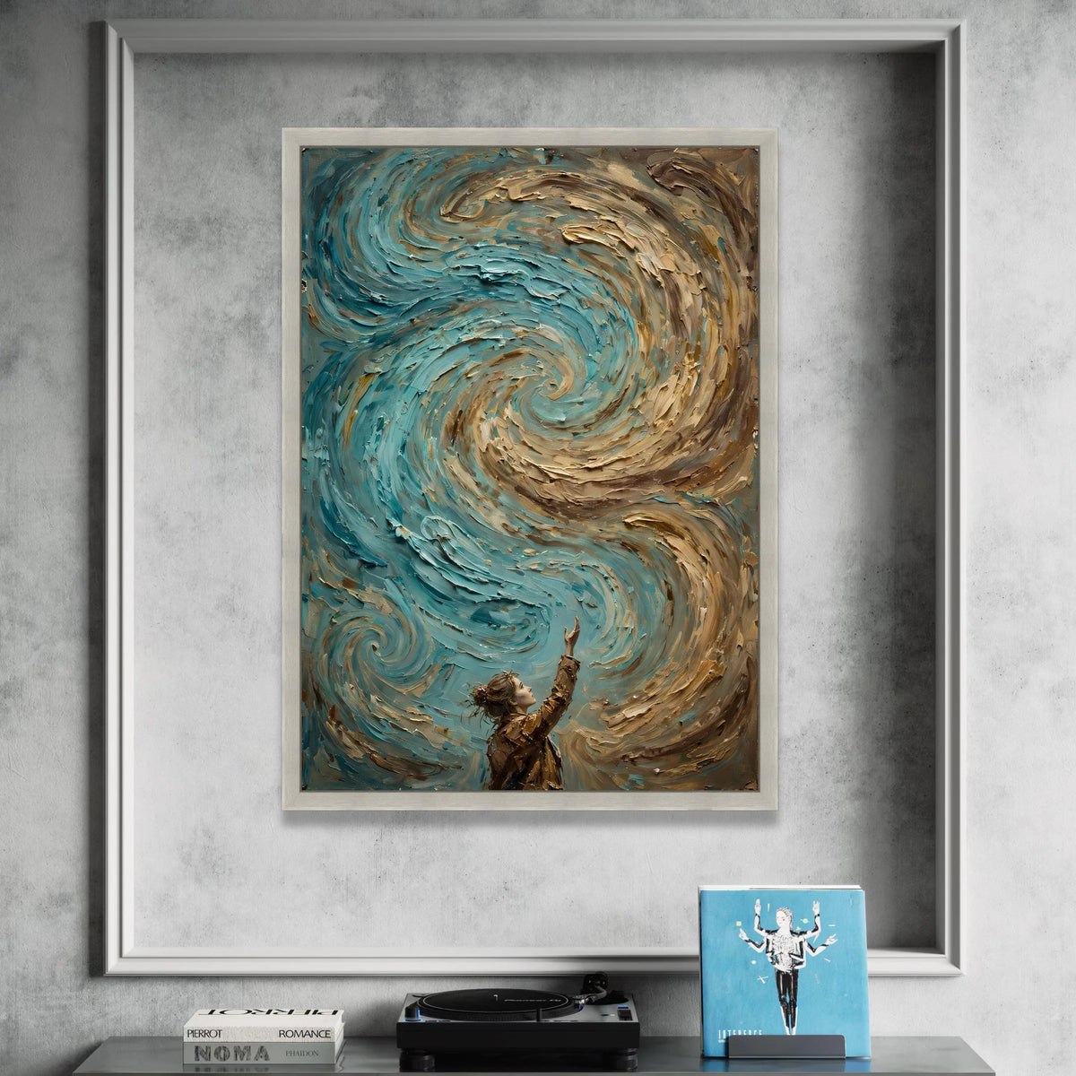 Whimsical Girl Reaching Swirling Sky Canvas, Fantasy Wall Art, Blue and Brown Swirl Canvas, Inspirational Home Decoration Canvas Print Art