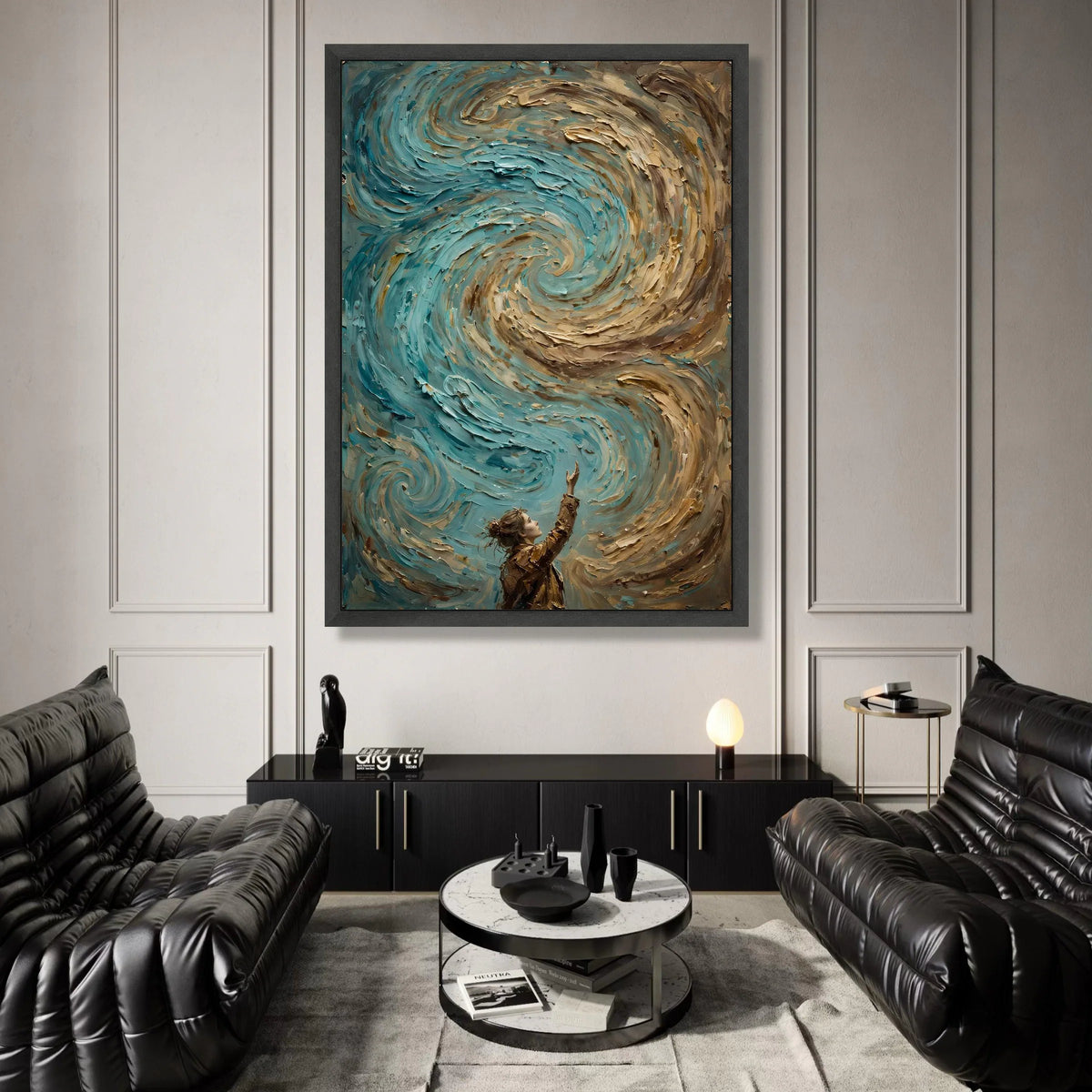 Whimsical Girl Reaching Swirling Sky Canvas, Fantasy Wall Art, Blue and Brown Swirl Canvas, Inspirational Home Decoration Canvas Print Art