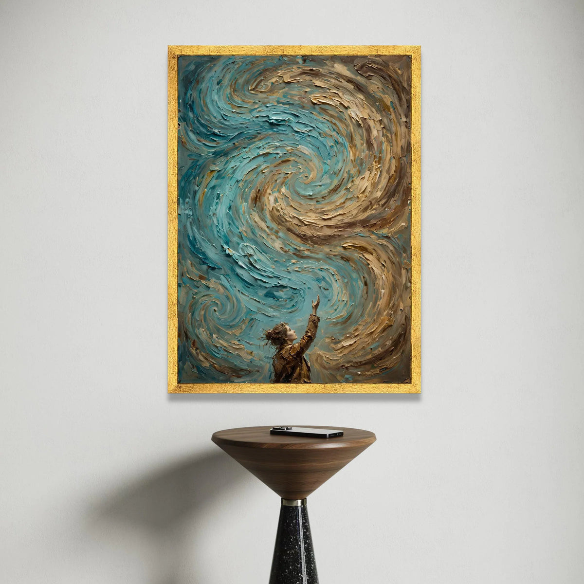Whimsical Girl Reaching Swirling Sky Canvas, Fantasy Wall Art, Blue and Brown Swirl Canvas, Inspirational Home Decoration Canvas Print Art