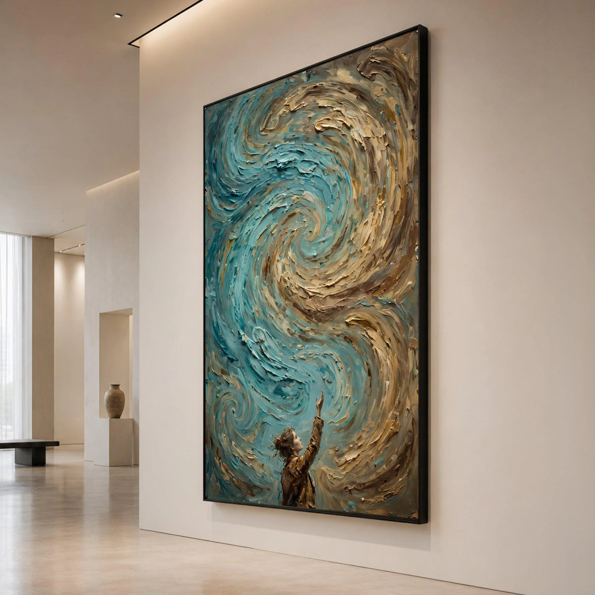 Whimsical Girl Reaching Swirling Sky Canvas, Fantasy Wall Art, Blue and Brown Swirl Canvas, Inspirational Home Decoration Canvas Print Art