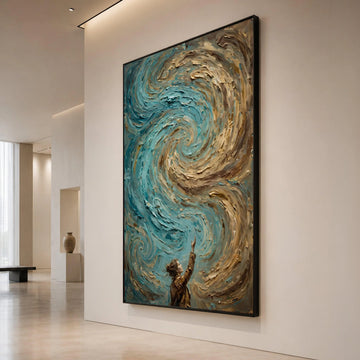 Whimsical Girl Reaching Swirling Sky Canvas, Fantasy Wall Art, Blue and Brown Swirl Canvas, Inspirational Home Decoration Canvas Print Art