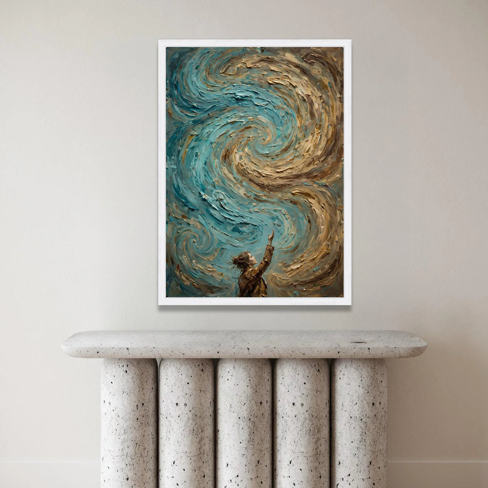 Whimsical Girl Reaching Swirling Sky Canvas, Fantasy Wall Art, Blue and Brown Swirl Canvas, Inspirational Home Decoration Canvas Print Art