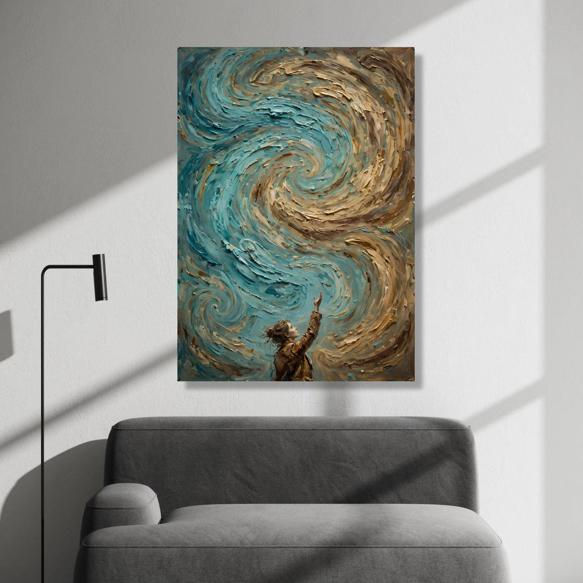 Whimsical Girl Reaching Swirling Sky Canvas, Fantasy Wall Art, Blue and Brown Swirl Canvas, Inspirational Home Decoration Canvas Print Art