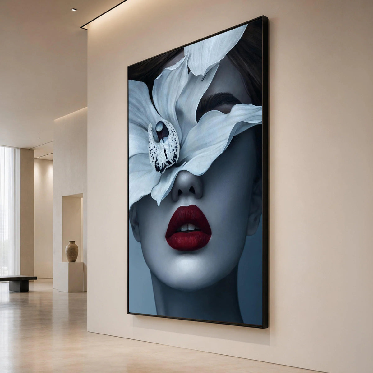Elegant Woman Portrait Canvas, White Orchid Floral Face Art, Modern Beauty Wall Decor, Fashion Statement Canvas, Red Lips Canvas Print Art