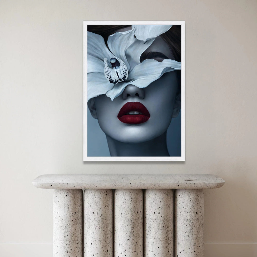 Elegant Woman Portrait Canvas, White Orchid Floral Face Art, Modern Beauty Wall Decor, Fashion Statement Canvas, Red Lips Canvas Print Art