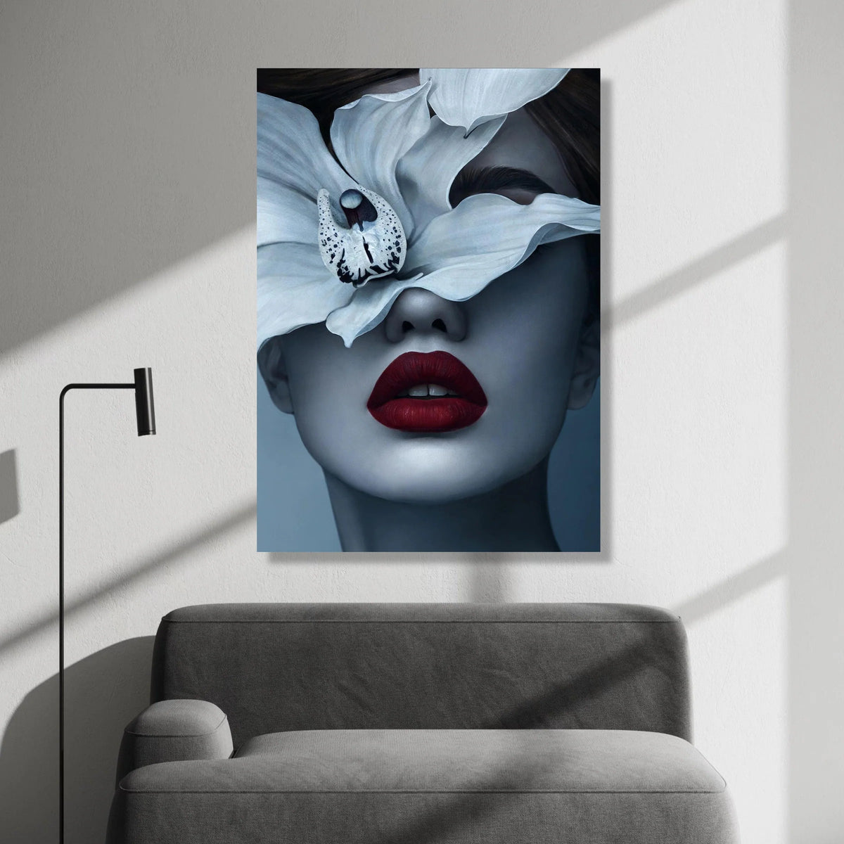 Elegant Woman Portrait Canvas, White Orchid Floral Face Art, Modern Beauty Wall Decor, Fashion Statement Canvas, Red Lips Canvas Print Art
