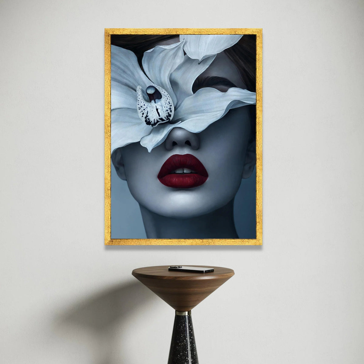 Elegant Woman Portrait Canvas, White Orchid Floral Face Art, Modern Beauty Wall Decor, Fashion Statement Canvas, Red Lips Canvas Print Art