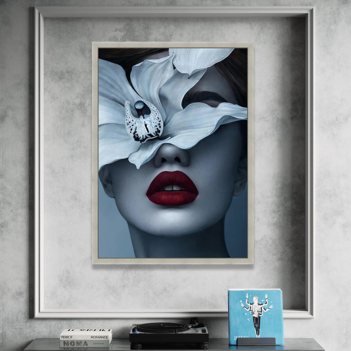 Elegant Woman Portrait Canvas, White Orchid Floral Face Art, Modern Beauty Wall Decor, Fashion Statement Canvas, Red Lips Canvas Print Art