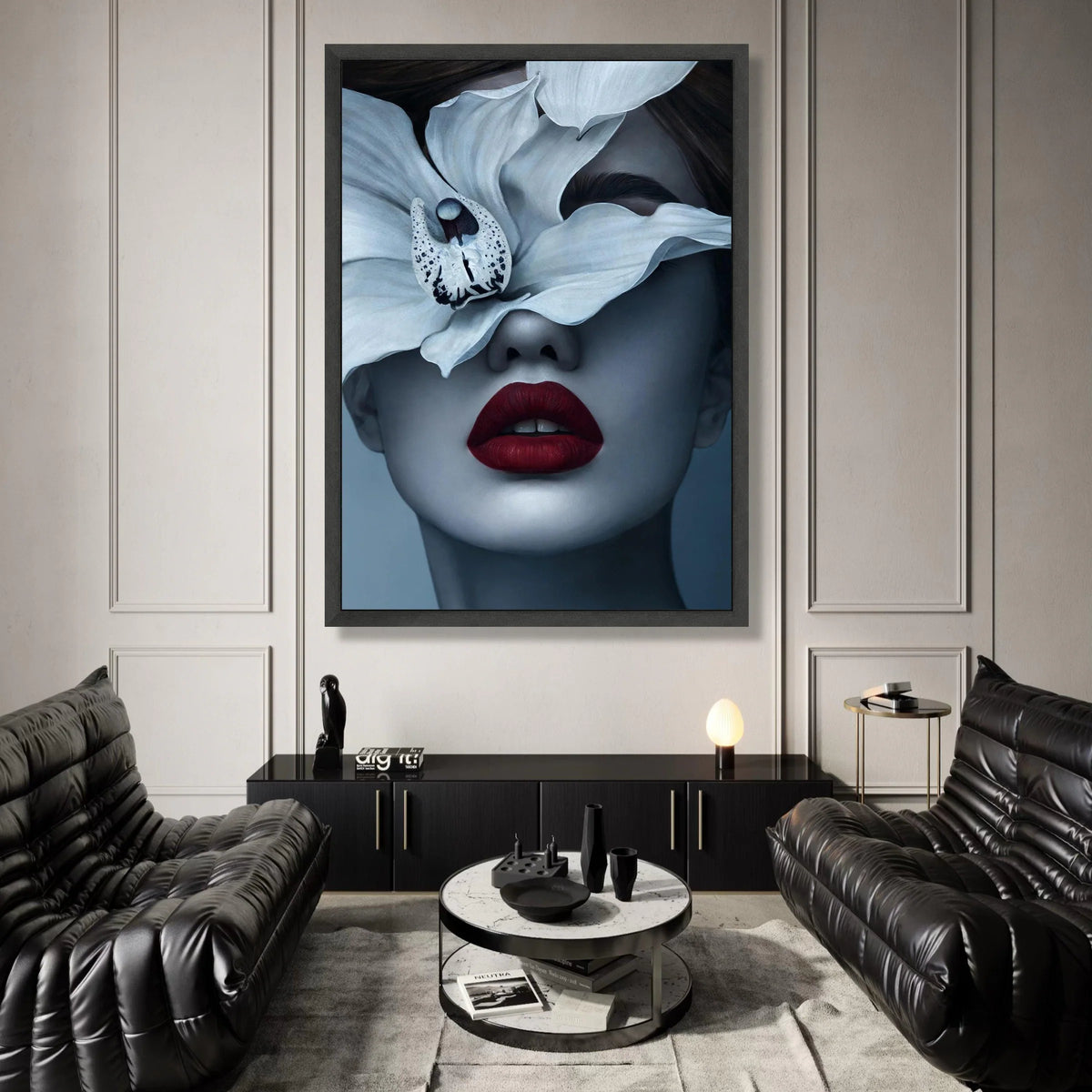 Elegant Woman Portrait Canvas, White Orchid Floral Face Art, Modern Beauty Wall Decor, Fashion Statement Canvas, Red Lips Canvas Print Art